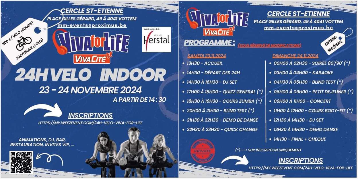 Du 23 au 24 Novembre 2024 - Evènement caritatif & Sportif - 24h Vélo Indoor Viva For Life